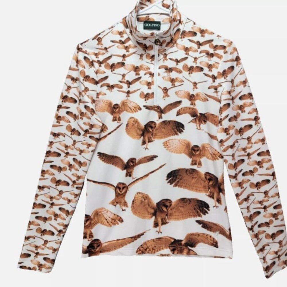 Golfino Golf Shirt Womens 6 White Brown Owl Print Qtr Zip LS Stretch Bird German